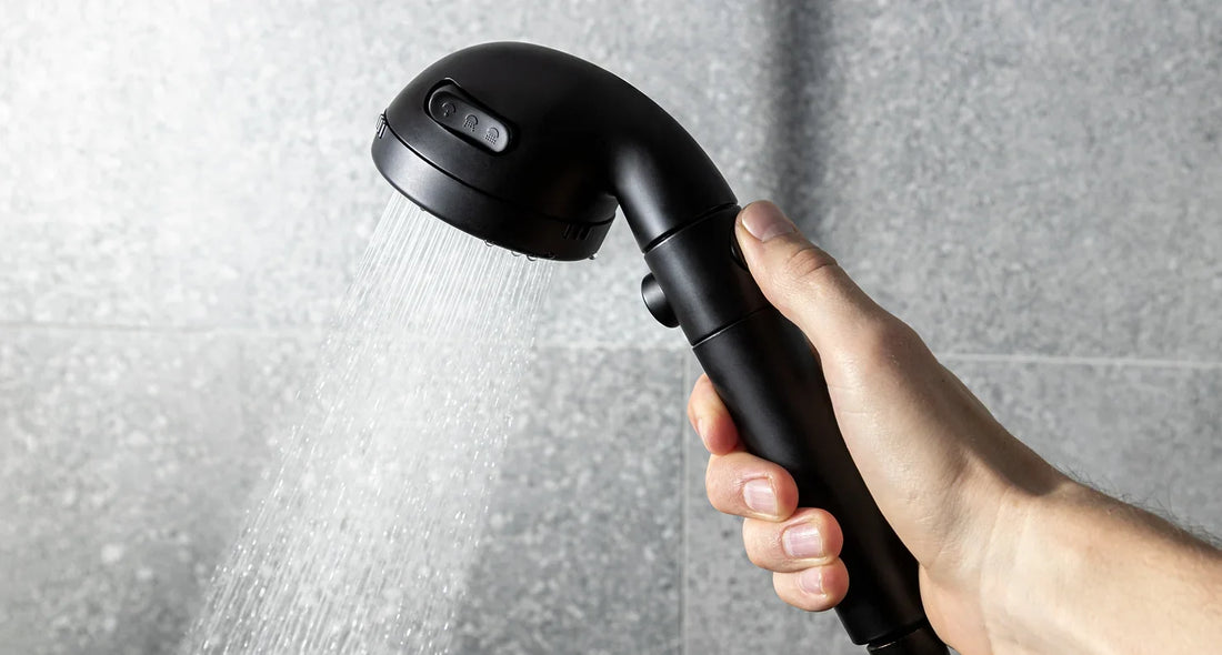 StoneStream EcoPower matte black shower head installed in modern bathroom