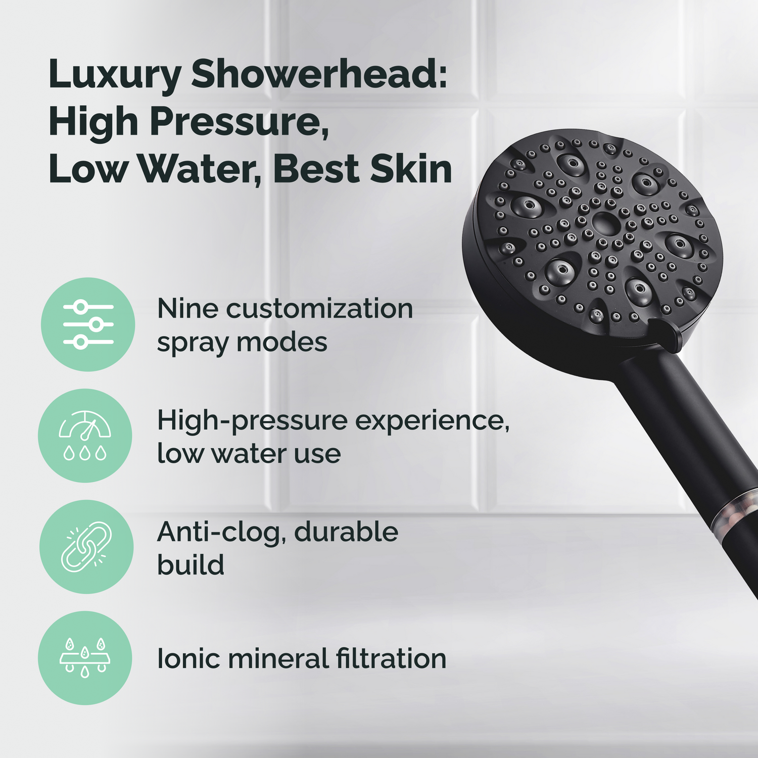 9-Mode Luxury Handheld &amp; Wall Combo Shower Head with Filtration Kit - Black